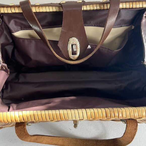 Vintage Wicker Handbag Leather Double Strap Twist Lock Brown Woven Hong Kong - Picture 12 of 13